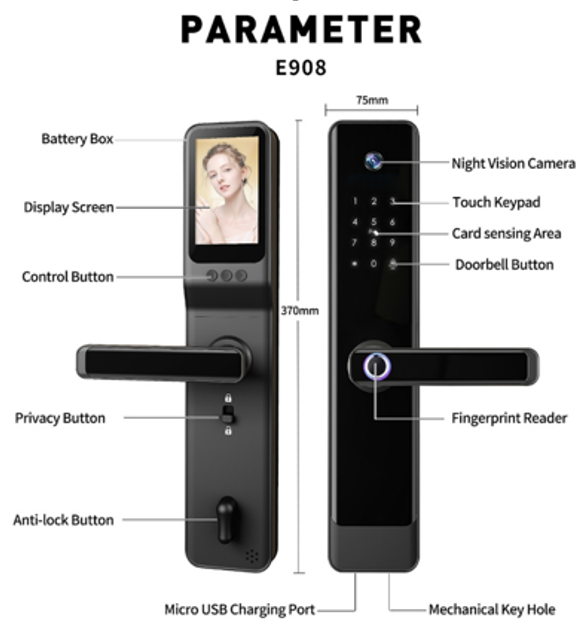 Tuya WiFi Lock ME098 with Cat's Eye & Display Screen, Fingerprint, Card, Password, Dual WiFi/BLE, Mechanical Key, Aluminum Panel, Black, Alarm